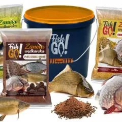 Zestaw zanęt wędkarskich Fish GO! z wizerunkami ryb i kulkami proteinowymi. Idealne na karpia, płoć i leszcza.