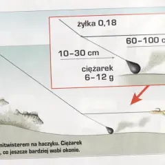 Ilustracja pokazuje, jak zrobić boczny trok: żyłka 0,18, ciężarek 6-12g, haczyk nr 6 z przynętą.