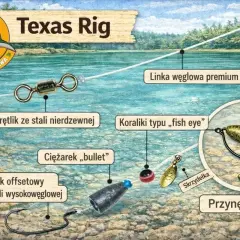 Zestaw na sandacza z gruntu: linka węglowa, krętlik, ciężarek bullet, haczyk offsetowy, koraliki fish eye, skrzydełka i przynęta.