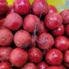 Stos kulek proteinowych na karpia, błyszczące i czerwone, z haczykiem w środku. To najskuteczniejsze kulki proteinowe na karpia, które przyciągną każdego amura.