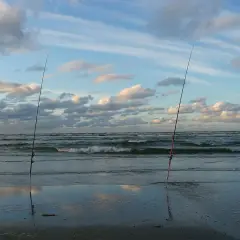 Dwa wędki stoją na plaży, gotowe do trollingu wędkarstwa. Morze faluje pod chmurami.