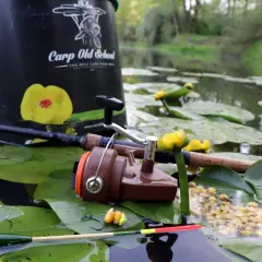 Wiadro "Carp Old School", wędka, kołowrotek i przynęta na liściach lilii wodnych. Oto jak złowić karpia.