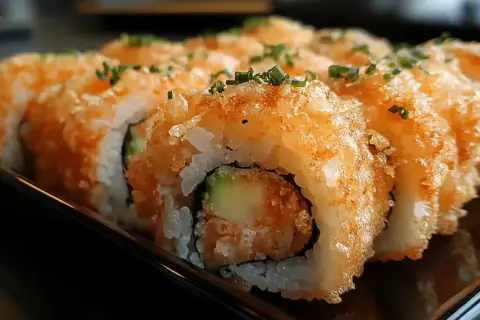 Chrupiące rolki sushi z awokado i krewetkami, posypane szczypiorkiem. Idealne, gdy zastanawiasz się, jak zrobić sushi.