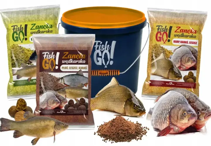Zestaw zanęt wędkarskich Fish GO! z wizerunkami ryb i kulkami proteinowymi. Idealne na karpia, płoć i leszcza.