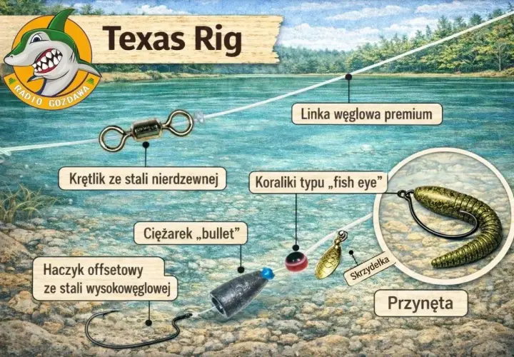 Zestaw na sandacza z gruntu: linka węglowa, krętlik, ciężarek bullet, haczyk offsetowy, koraliki fish eye, skrzydełka i przynęta.