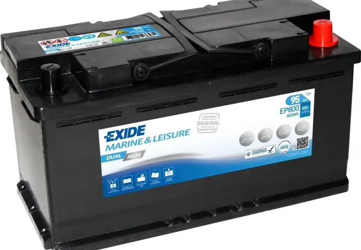 Akumulator Exide Marine & Leisure Dual AGM 95Ah 800Wh, idealny do silnika elektrycznego 55 lbs, zapewni długie godziny pracy na wodzie.