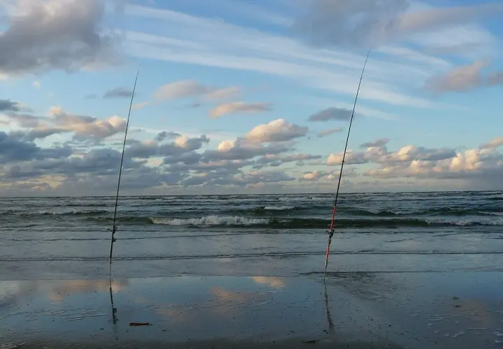 Dwa wędki stoją na plaży, gotowe do trollingu wędkarstwa. Morze faluje pod chmurami.