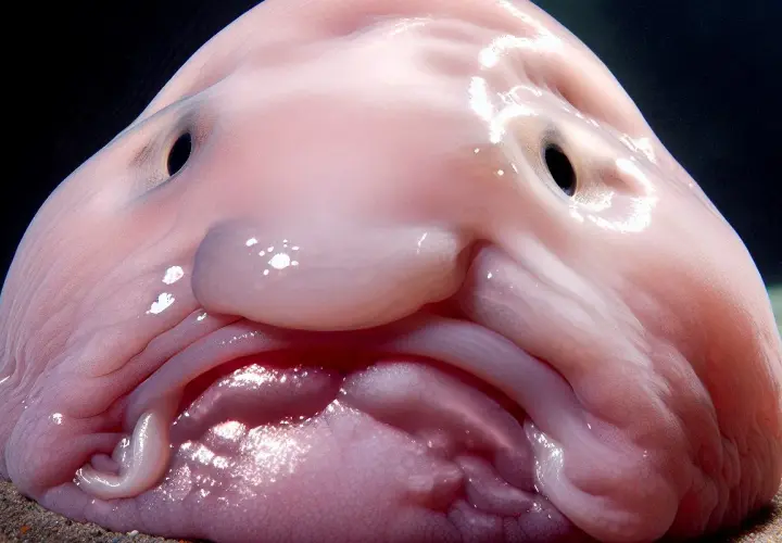Twarz najbrzydszej ryby na świecie, blobfish, wygląda jak galaretowata masa z czarnymi oczami i smutnym wyrazem.