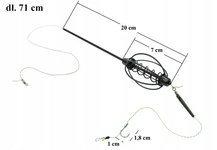 Akcesoria do łowienia z gruntu: koszyczek zanętowy 7 cm, żyłka 71 cm, haczyk 1,8 cm.