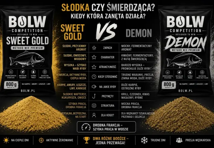 Dwie zanęty BOLW: Sweet Gold i Demon. Idealne na jezioro Węgorzyno, by złowić karpie, amury i inne ryby.
