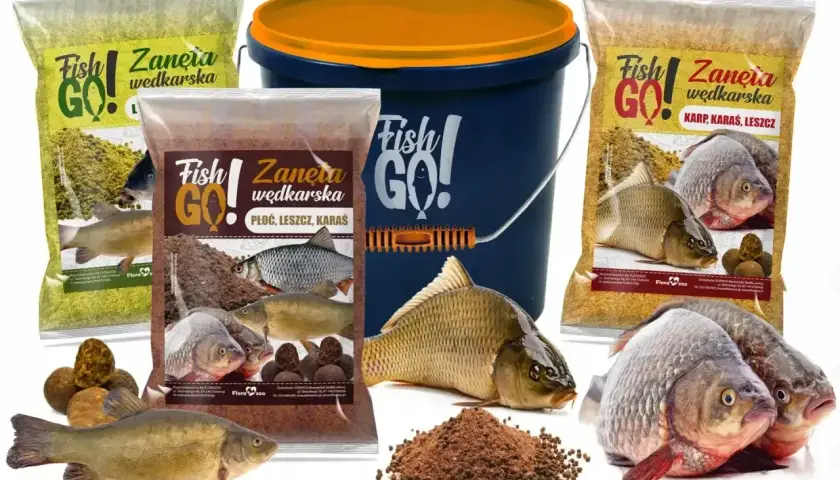 Zestaw zanęt wędkarskich Fish GO! z wizerunkami ryb i kulkami proteinowymi. Idealne na karpia, płoć i leszcza.
