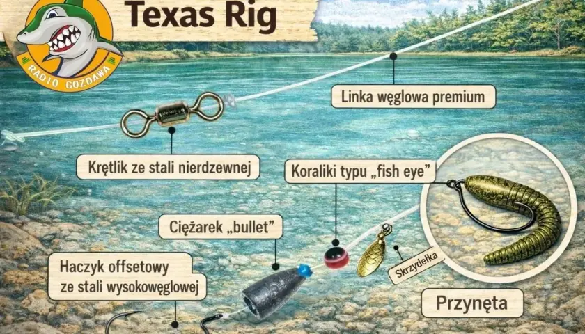 Zestaw na sandacza z gruntu: linka węglowa, krętlik, ciężarek bullet, haczyk offsetowy, koraliki fish eye, skrzydełka i przynęta.