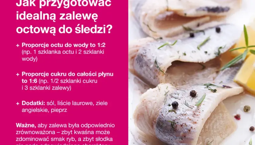 Śledzie w delikatnej zalewie octowej, z dodatkiem ziół i pieprzu. Przepis na idealną zalewę.