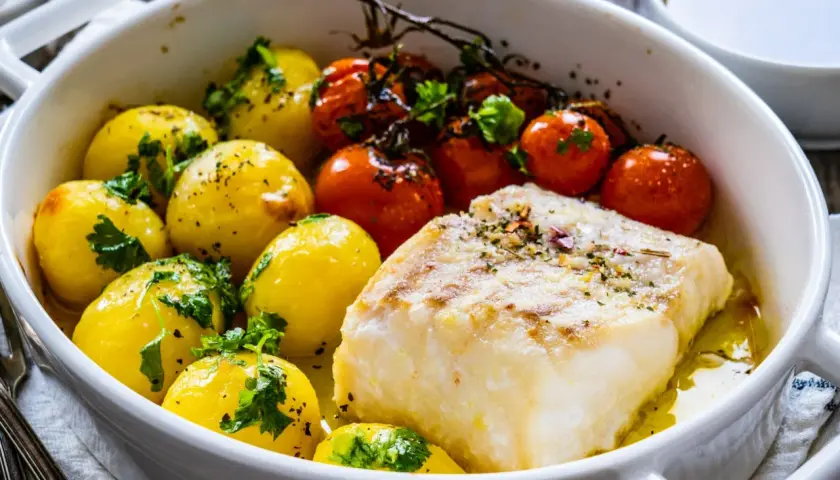 Pyszne dania z ryby: pieczony filet z dorsza z ziemniaczkami i pomidorkami koktajlowymi, posypane ziołami.