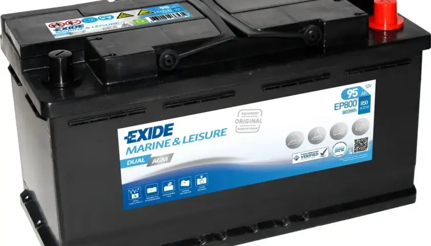 Akumulator Exide Marine & Leisure Dual AGM 95Ah 800Wh, idealny do silnika elektrycznego 55 lbs, zapewni długie godziny pracy na wodzie.