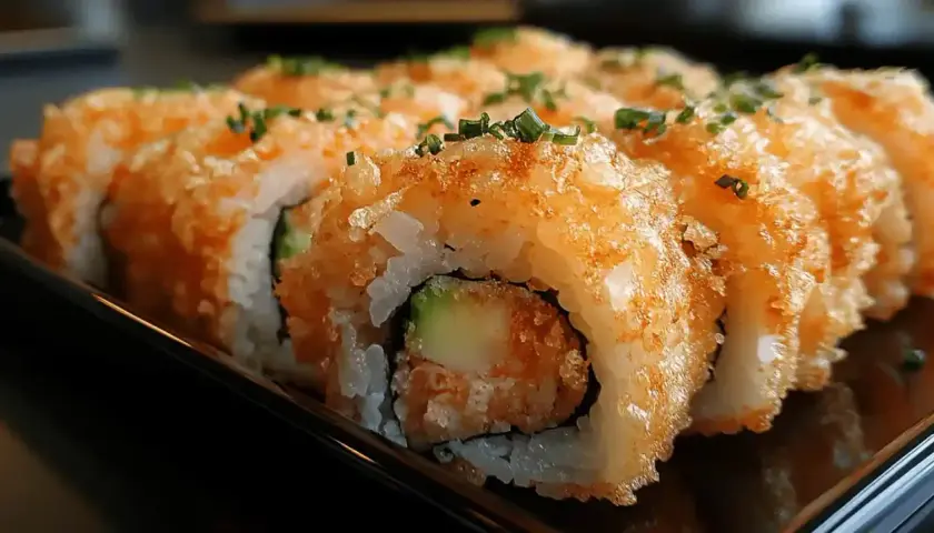 Chrupiące rolki sushi z awokado i krewetkami, posypane szczypiorkiem. Idealne, gdy zastanawiasz się, jak zrobić sushi.