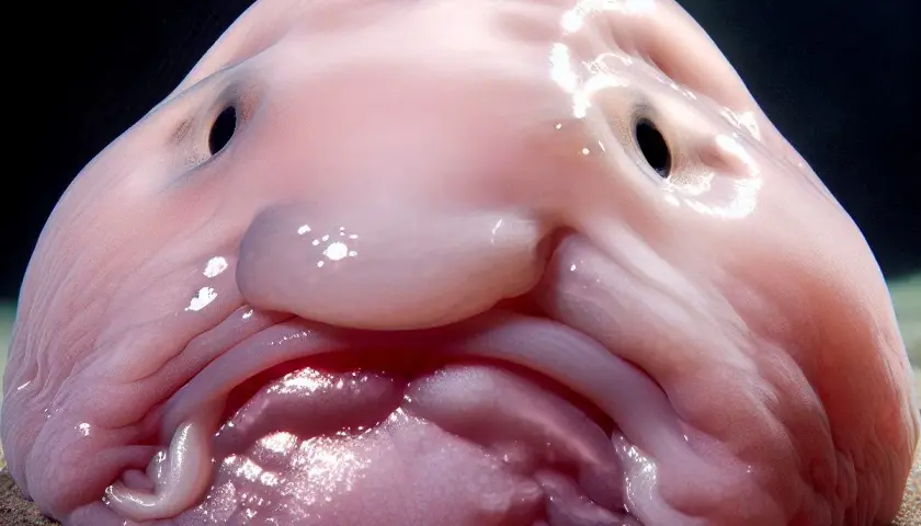 Twarz najbrzydszej ryby na świecie, blobfish, wygląda jak galaretowata masa z czarnymi oczami i smutnym wyrazem.