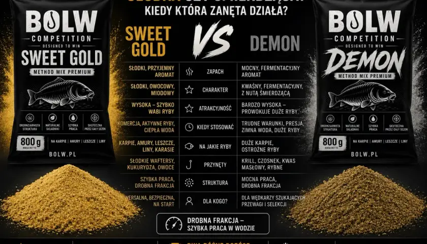 Dwie zanęty BOLW: Sweet Gold i Demon. Idealne na jezioro Węgorzyno, by złowić karpie, amury i inne ryby.