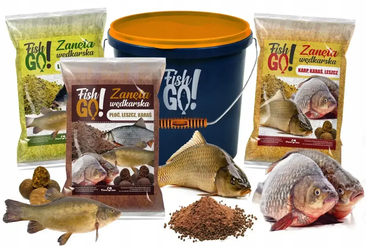 Zestaw zanęt wędkarskich Fish GO! z wizerunkami ryb i kulkami proteinowymi. Idealne na karpia, płoć i leszcza.