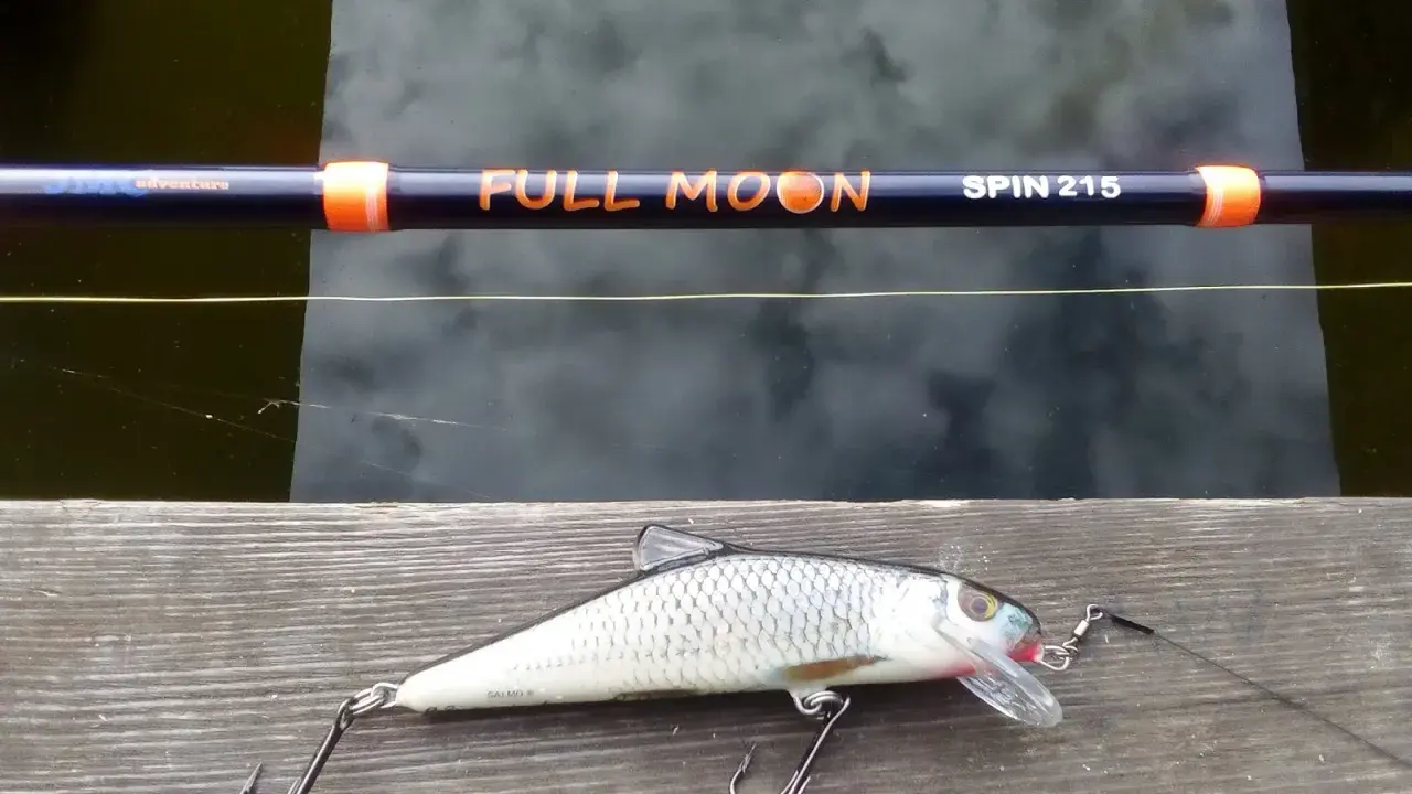Jaki spinning na szczupaka z brzegu? Wędka "Full Moon Spin 215" i realistyczna przynęta w kształcie ryby czekają na wodzie.