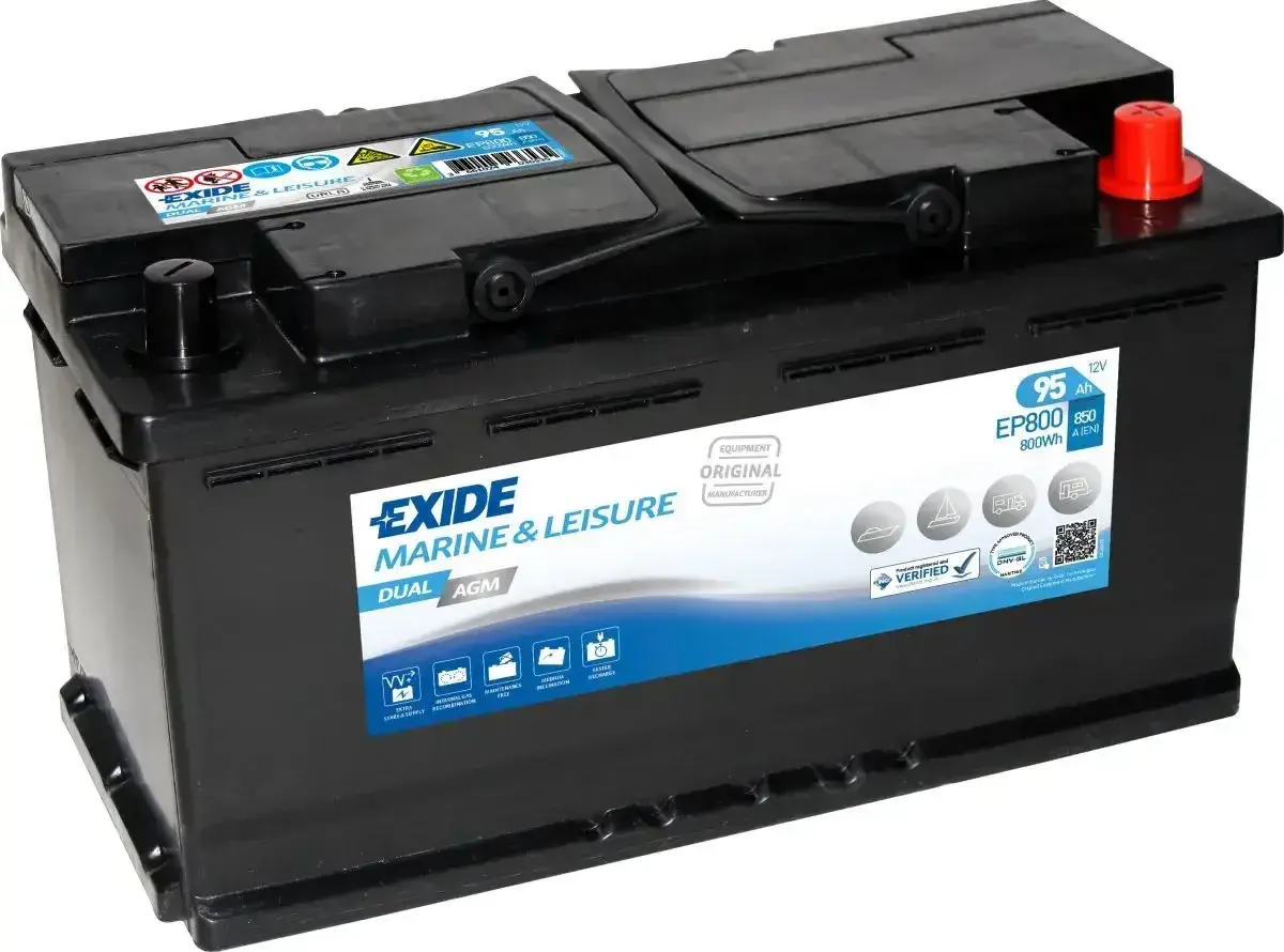 Akumulator Exide Marine & Leisure Dual AGM 95Ah 800Wh, idealny do silnika elektrycznego 55 lbs, zapewni długie godziny pracy na wodzie.