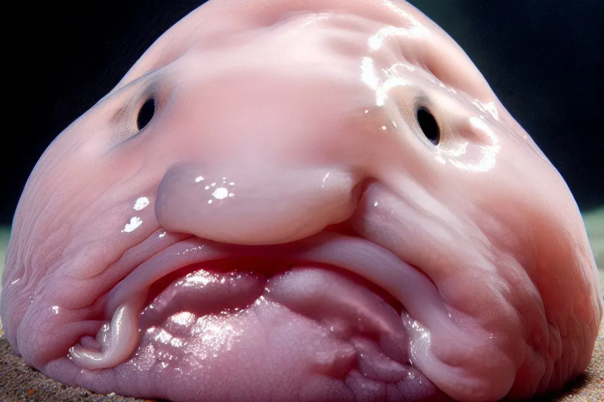 Twarz najbrzydszej ryby na świecie, blobfish, wygląda jak galaretowata masa z czarnymi oczami i smutnym wyrazem.