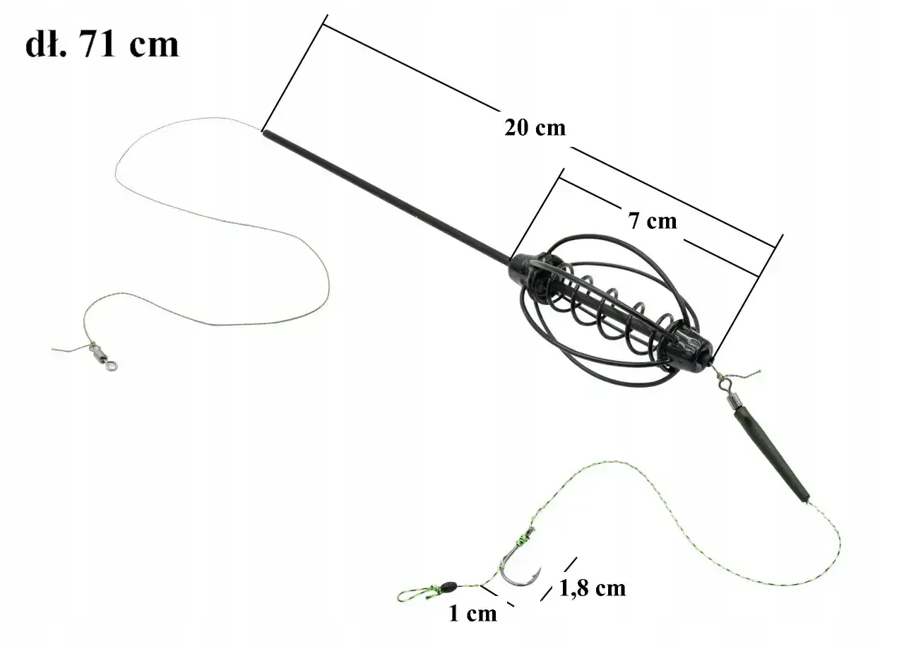 Akcesoria do łowienia z gruntu: koszyczek zanętowy 7 cm, żyłka 71 cm, haczyk 1,8 cm.