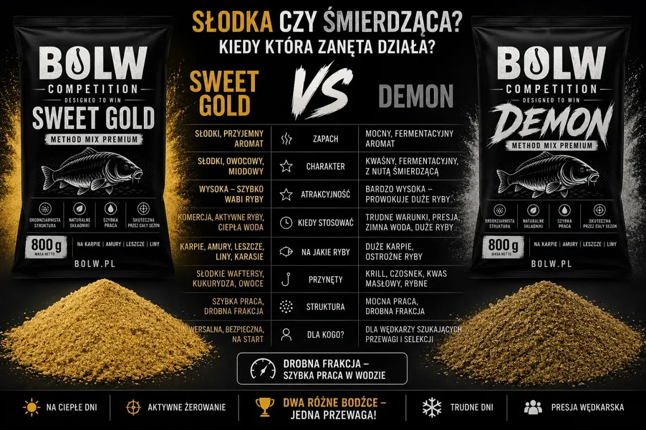 Dwie zanęty BOLW: Sweet Gold i Demon. Idealne na jezioro Węgorzyno, by złowić karpie, amury i inne ryby.