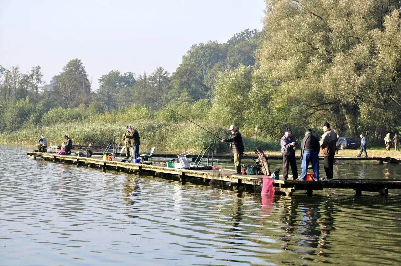 Ludzie łowią ryby na pomoście nad jeziorem Węgorzyno. Słońce odbija się w wodzie, a drzewa tworzą zielone tło.