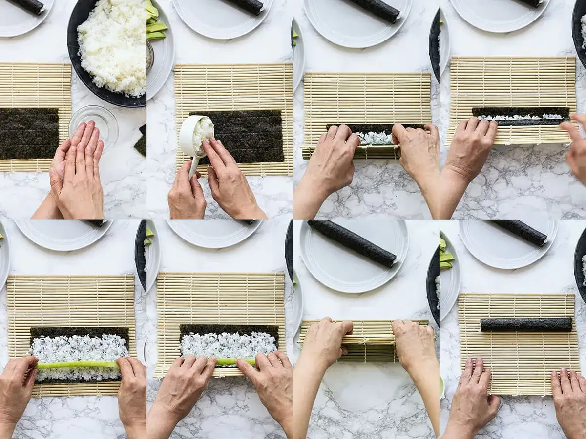 Krok po kroku: jak zrobić pyszne domowe sushi. Układanie ryżu na nori, dodawanie składników i zwijanie rolki.
