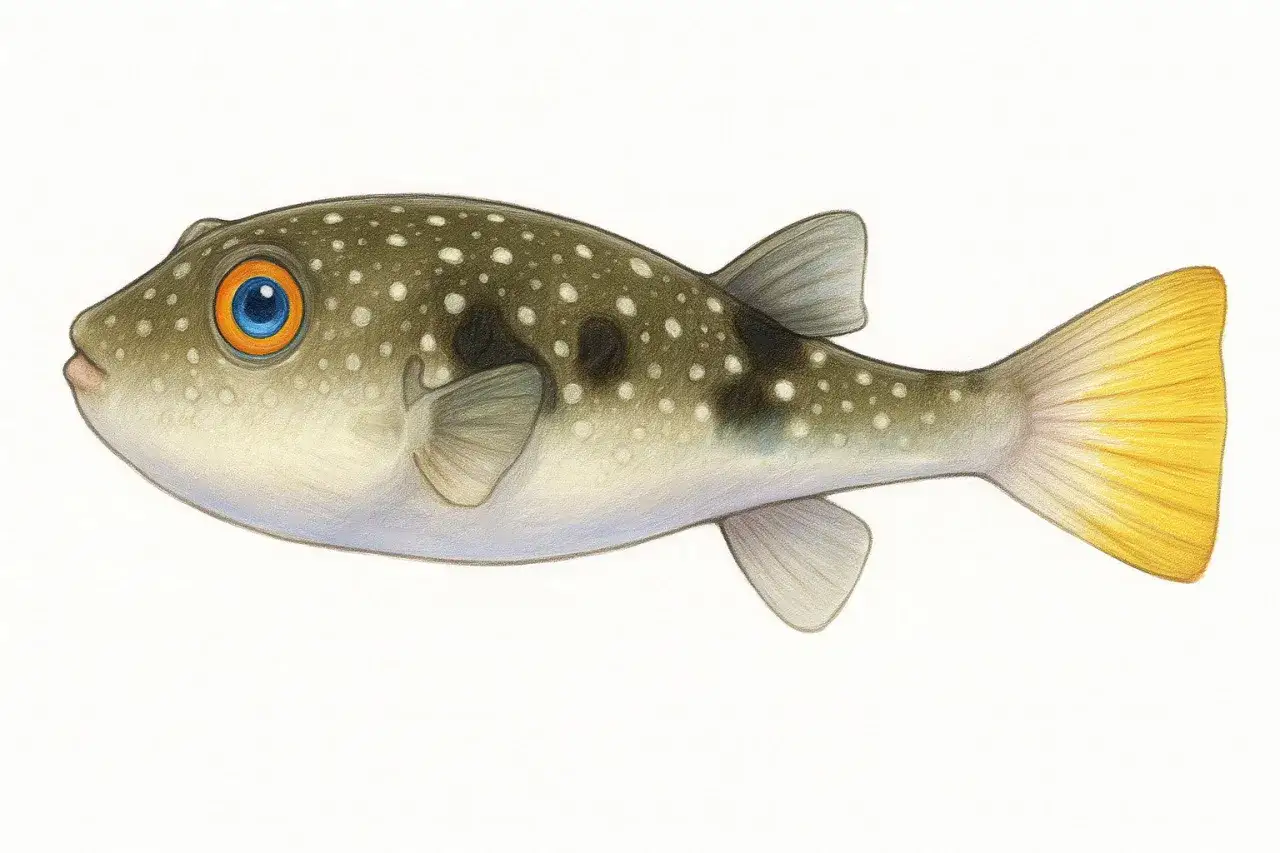 Urocza ryba fugu z wielkimi, niebiesko-pomarańczowymi oczami i żółtym ogonem, pokryta zielono-szarymi plamkami.