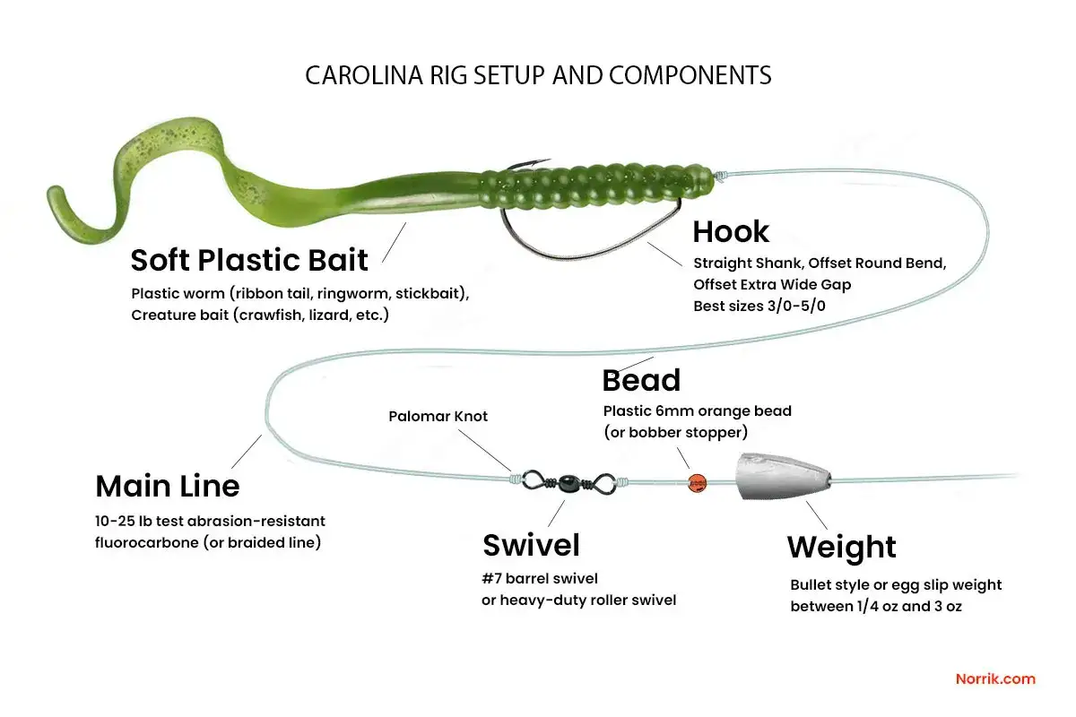 Schemat carolina rig: zielona przynęta, haczyk, żyłka, koralik, krętlik i obciążenie.