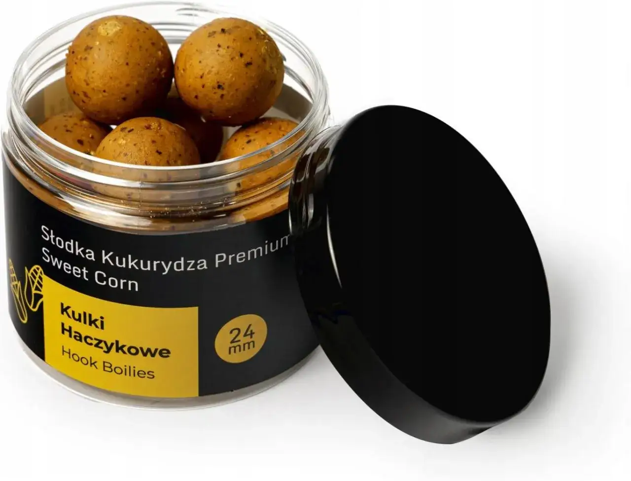 Słodka kukurydza premium, kulki haczykowe 24 mm. Idealne, by czym karpie zainteresować.