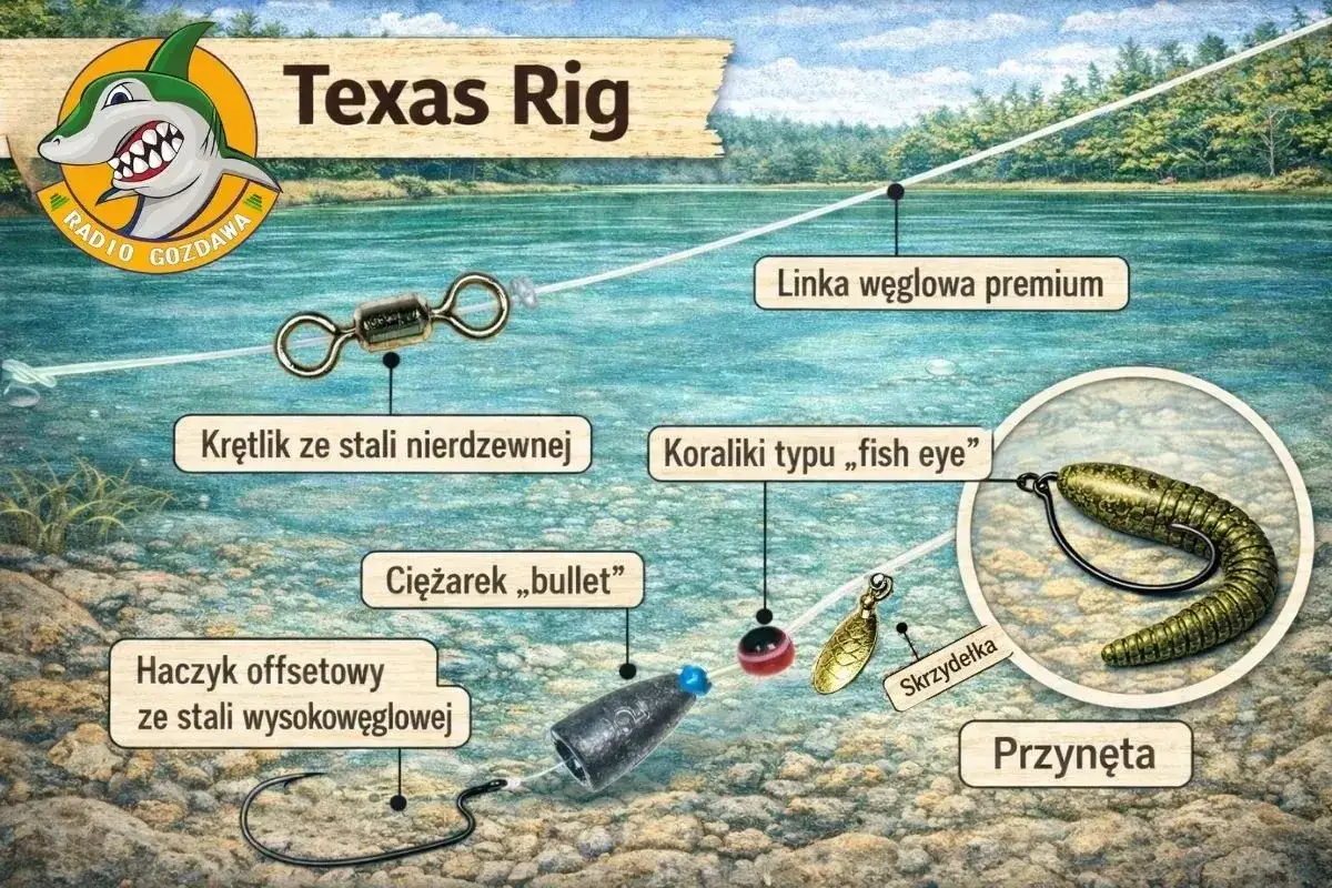 Zestaw na sandacza z gruntu: linka, krętlik, ciężarek, haczyk offsetowy, koraliki i przynęta typu Texas Rig.