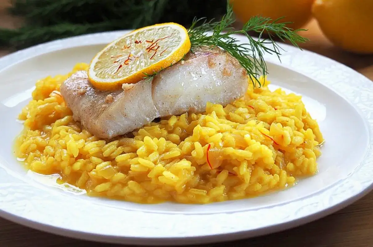 Pyszne risotto z rybą, ozdobione plasterkiem cytryny i gałązką koperku. Danie wygląda apetycznie i kolorowo.