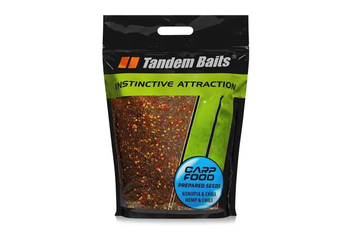 Opakowanie karmy Tandem Baits z konopiami na ryby, o smaku chili. Idealne na instynktowne przyciąganie karpi.